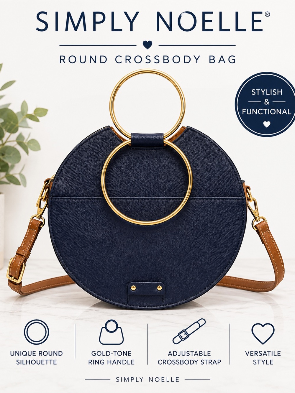 Simply Noelle Navy Round Circle Crossbody Bag Gold Ring Handle - Picture 7 of 7
